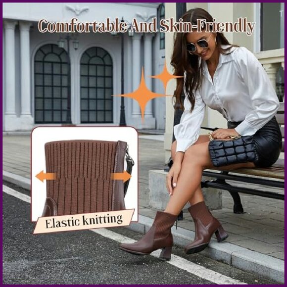 Women's Square Toe Chelsea Boots Low Block Heel Back Zipper Mid Calf Booties - Picture 5 of 8